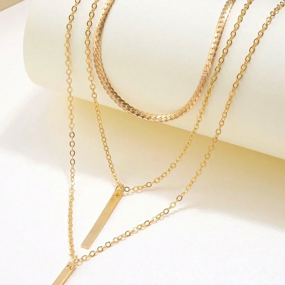 Yellow Gold Casual Women's Snake Bone Chain Multilayer Pendant Necklace
